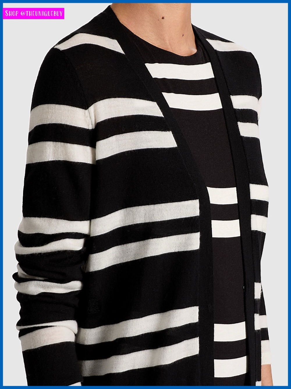 Alice + Olivia Callan Black Off White Striped Wool Long Maxi Cardigan Sweater